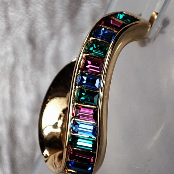 Swarovski Signed Baguette Multi Color Rhinestone Curled Gold Tone Hoop Earrings - Picture 12 of 12
